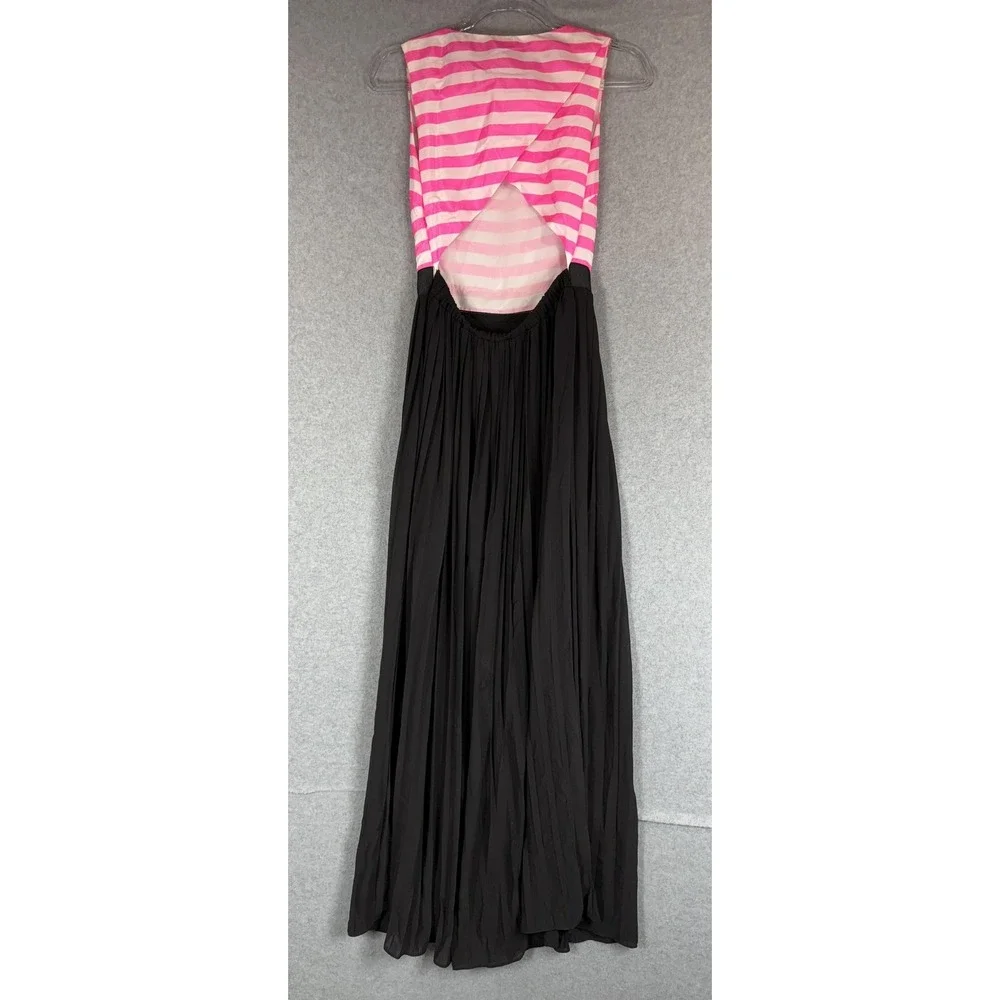 Charming Charlie Maxi Dress Womens Small Pleated Striped Black Sleeveless Cutout